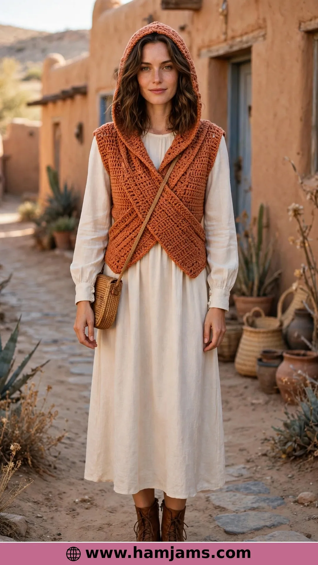 The Crossover Hooded Vest in Herringbone Stitch