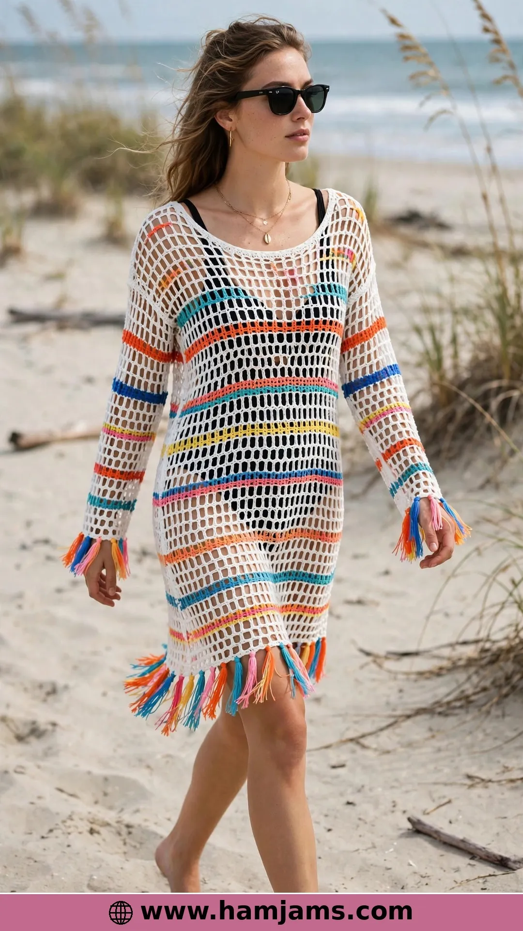 The White Beach Dress with Woven Rainbow Stripes and Fringe
