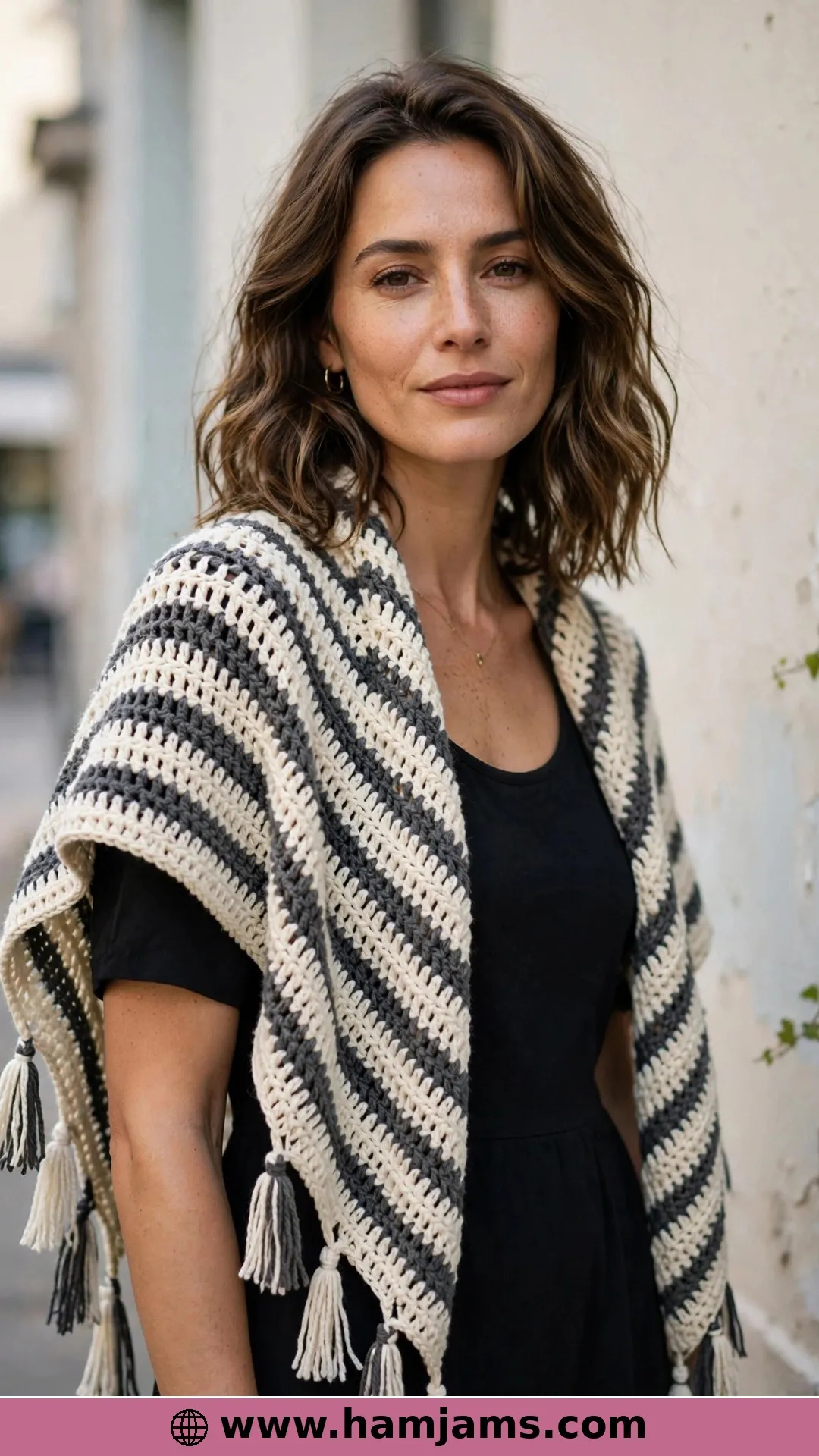The Newsprint Shawl in Cream, Charcoal and Tassels