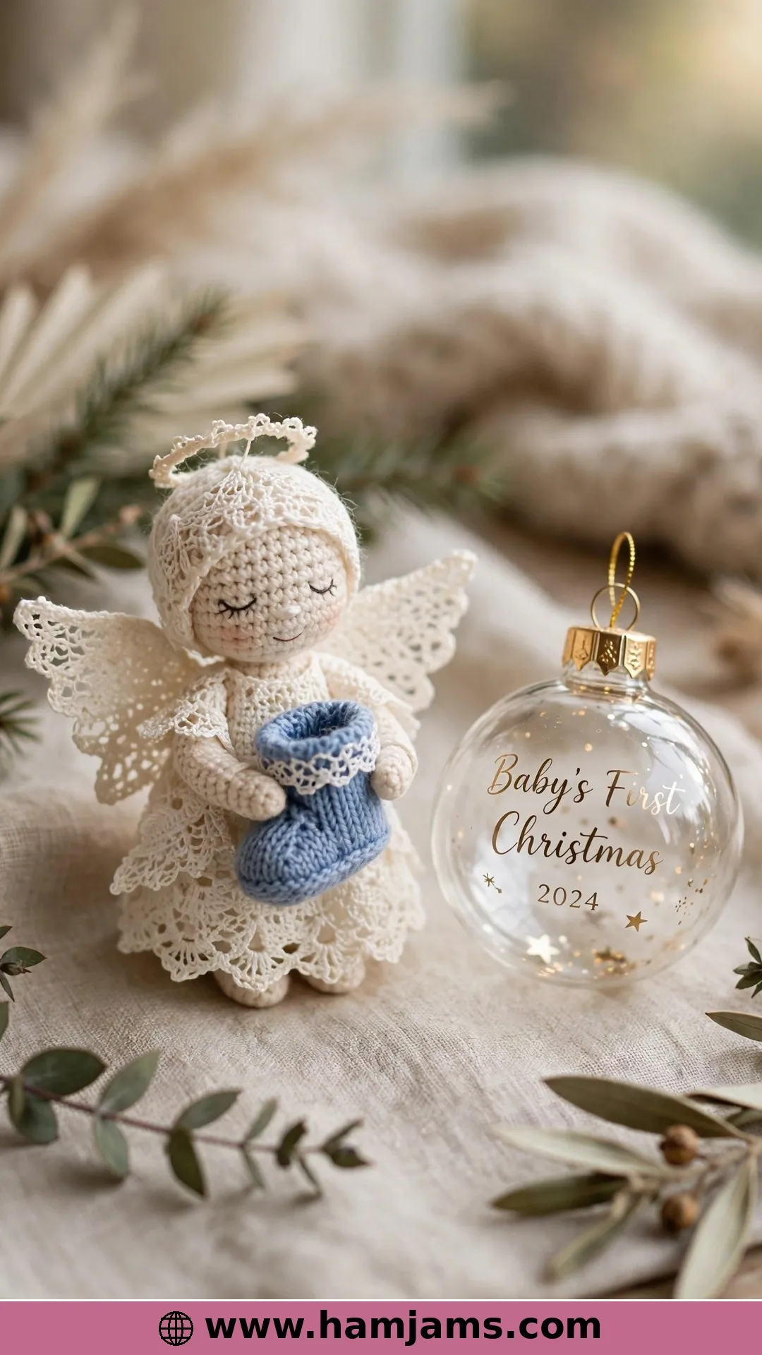 A First-Christmas Angel Holding a Tiny Bootie