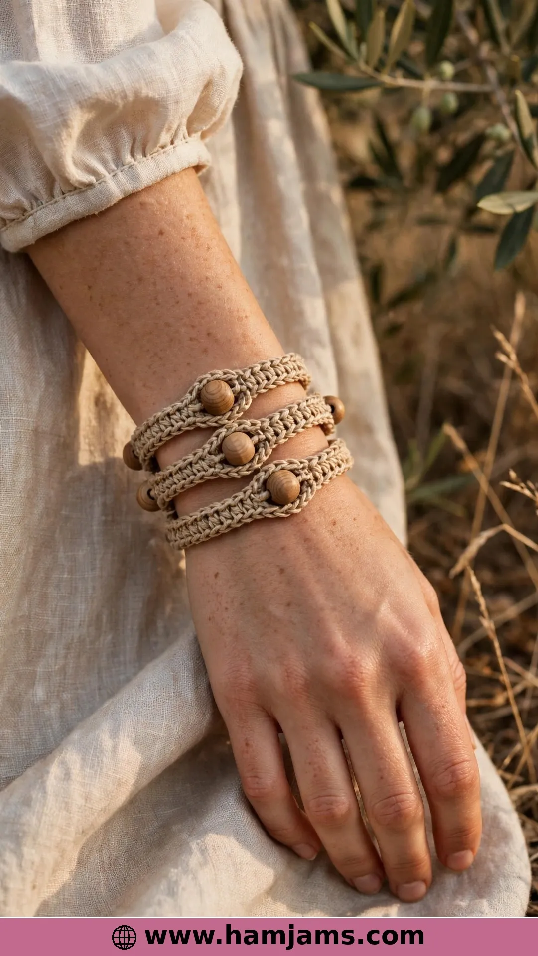 Wooden Beads on Natural Thread, Wrapped Thrice