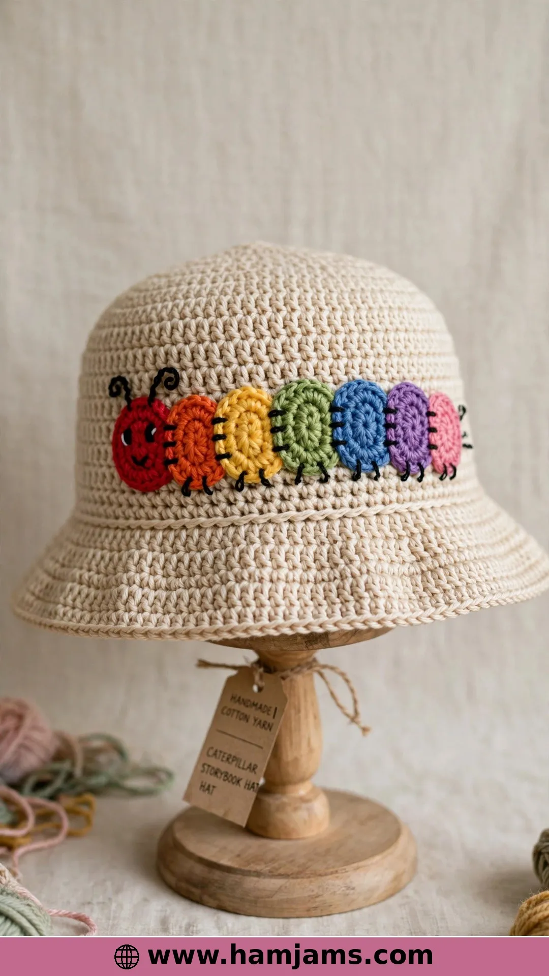A Storybook Hat with a Caterpillar Appliqué