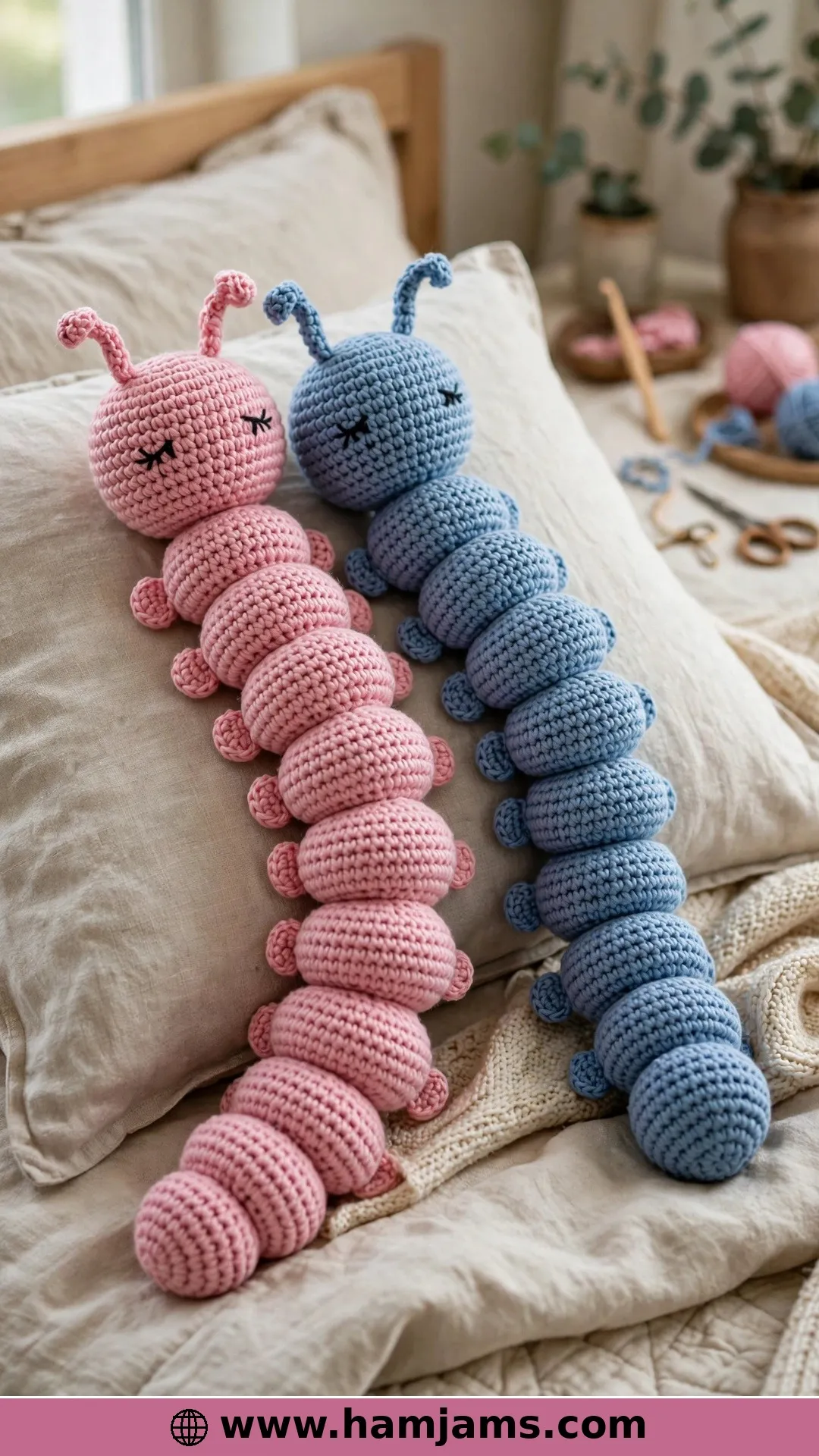 Two Snuggly Caterpillars, Pink and Blue