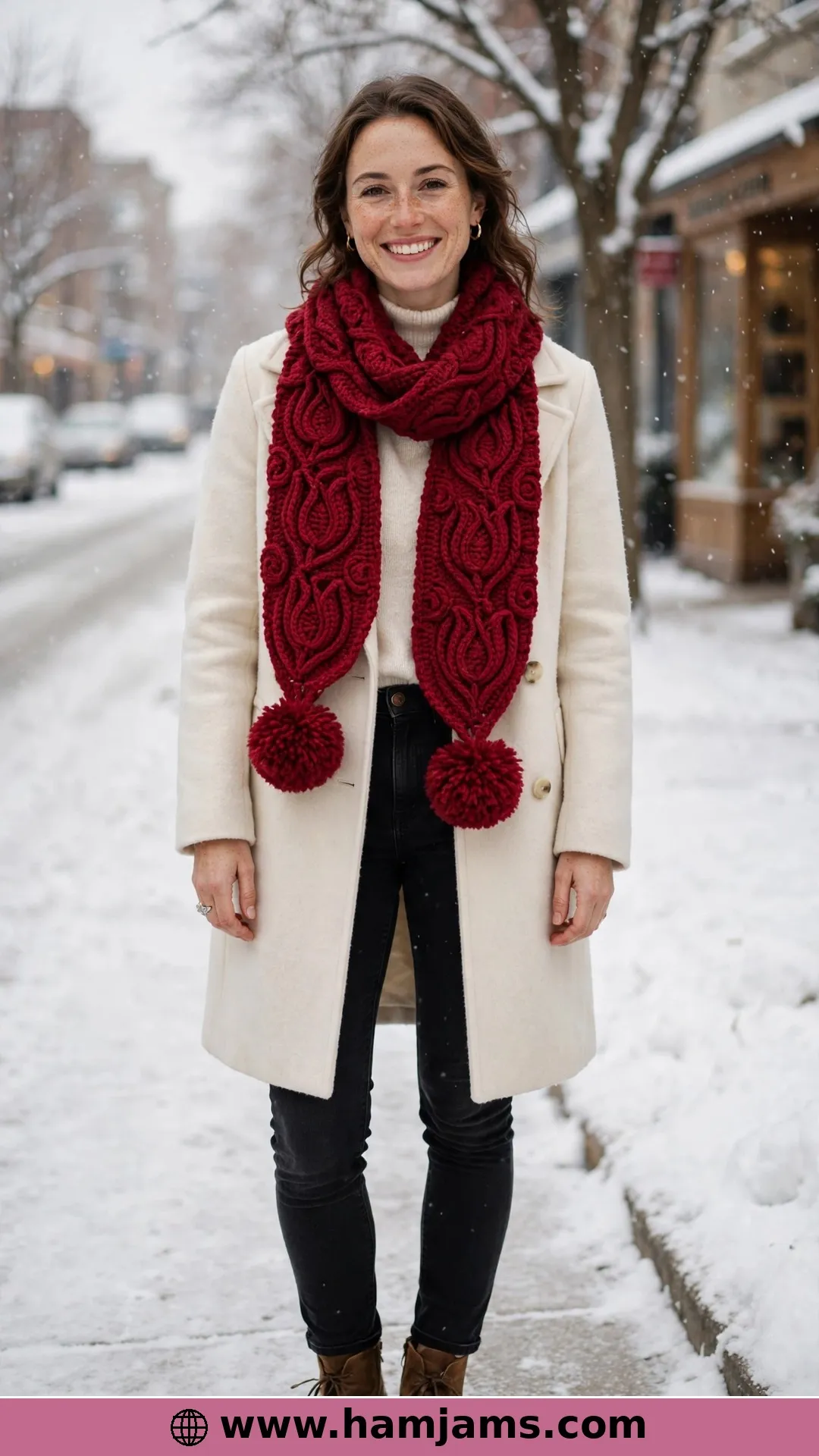 The Cranberry Twist Scarf with the Pom-Poms on the Ends