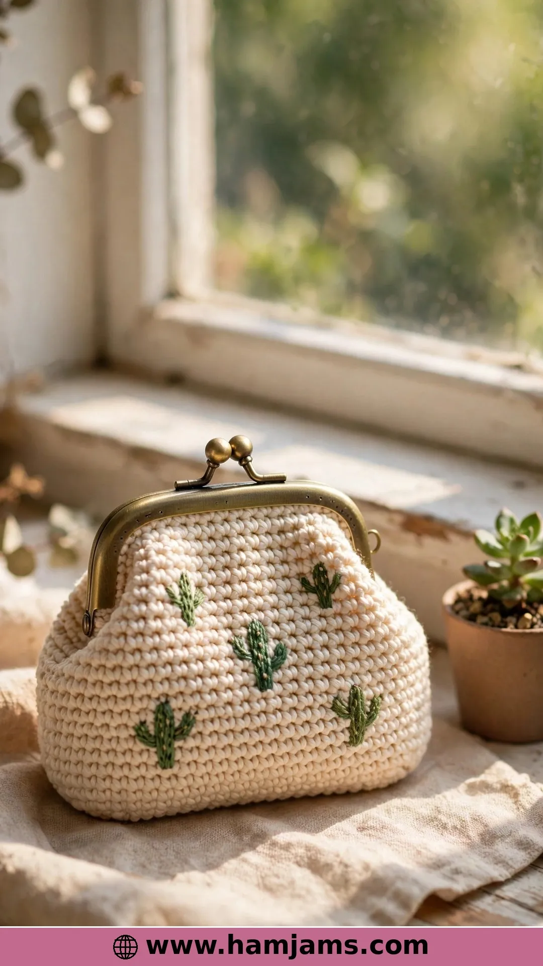 Embroidered Cacti on a Kiss-Clasp Pouch