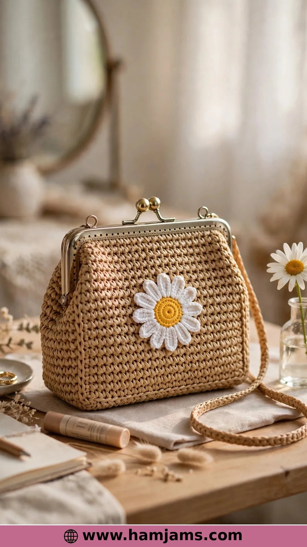 The Rectangular Raffia Purse With a Daisy on Top