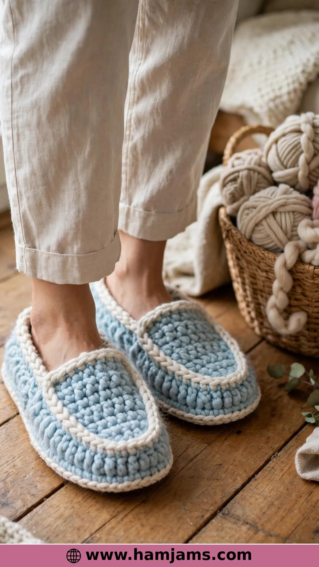 The Blue Fuzz Slippers in Two Strands of Snow