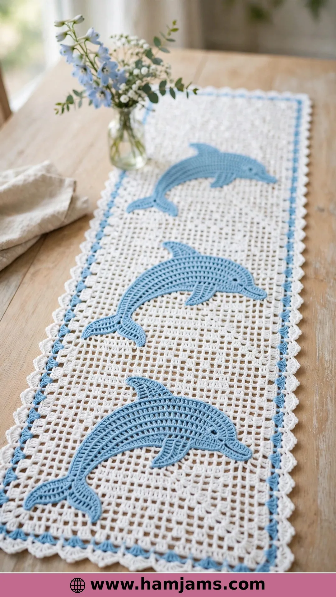 A Filet Table Runner with Three Dolphins