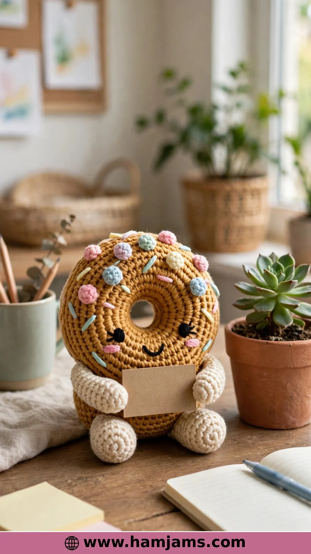 A No-Sew Donut Pal Holding a Happy Sign