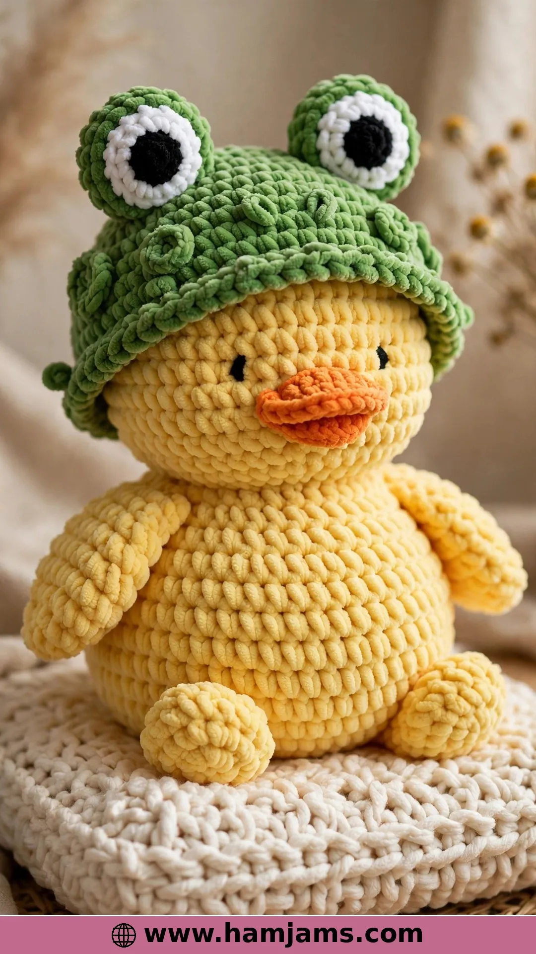 Plush Duckling in a Frog Hat