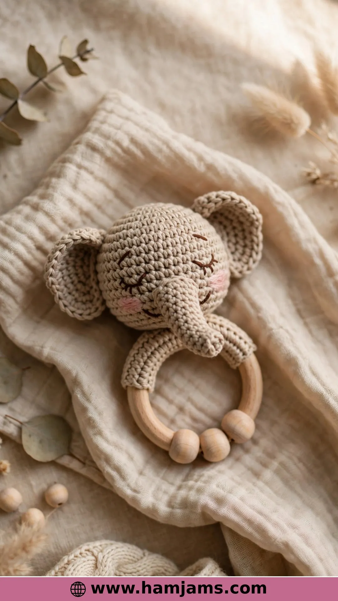 The Elephant Baby Rattle on a Wooden Ring
