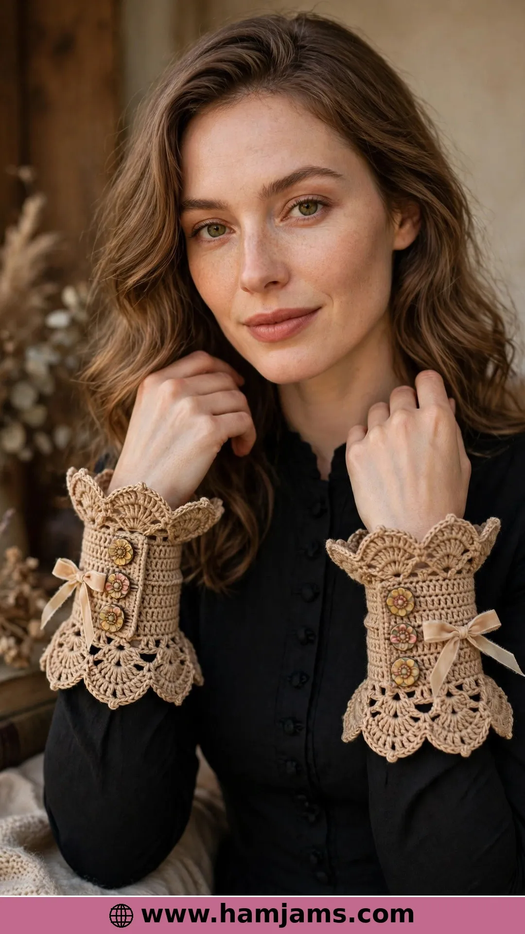Victorian Cuffs With Ribbon Bows and Flower Buttons