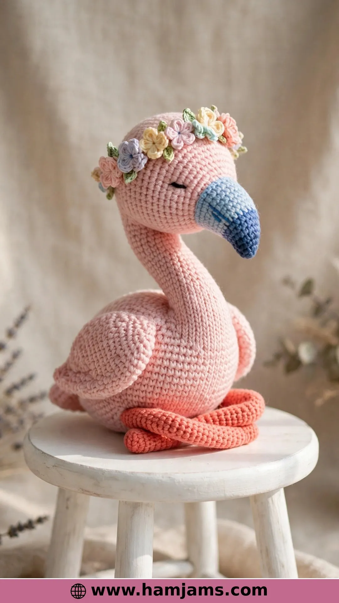 A Sitting Flamingo With a Flower Crown