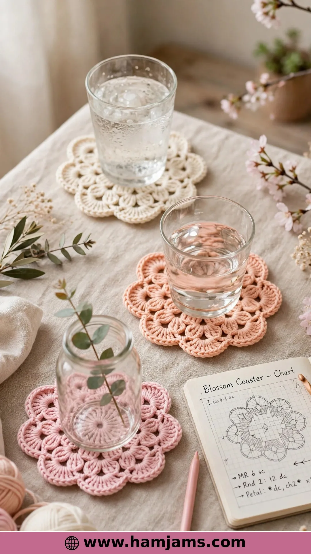 Charted Blossom Coasters in Five Colourways