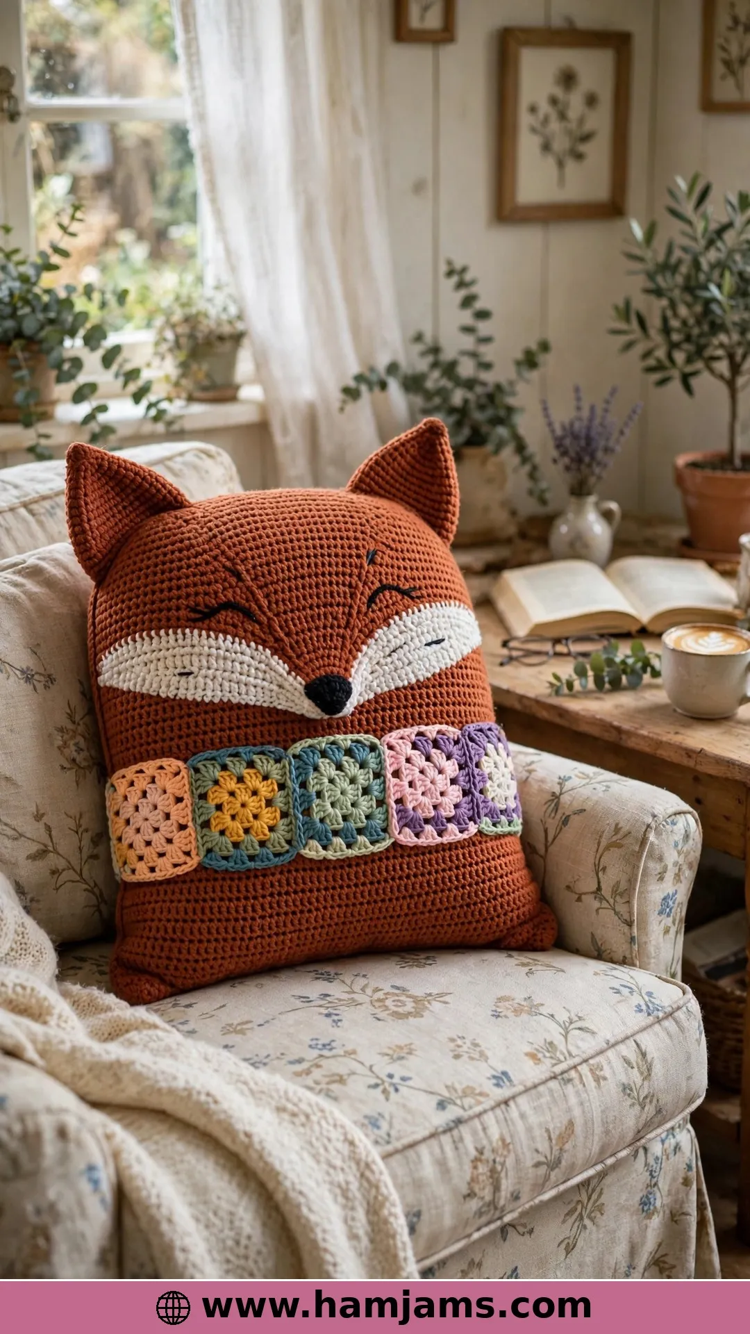 A Granny Square Fox Cushion