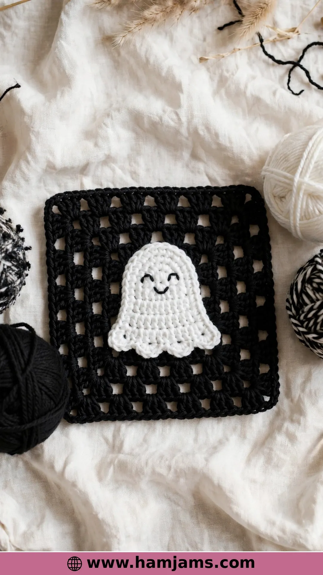 Ghost Granny Square: A Smiling Ghost on a Bold Black Square
