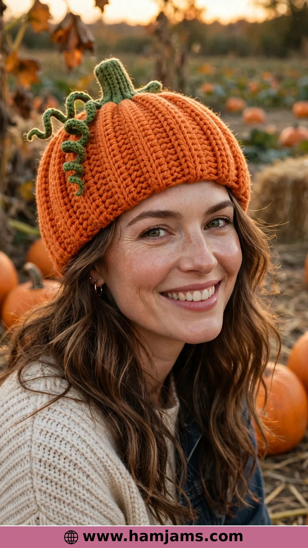 A Ribbed Pumpkin Beanie With a Curly Vine