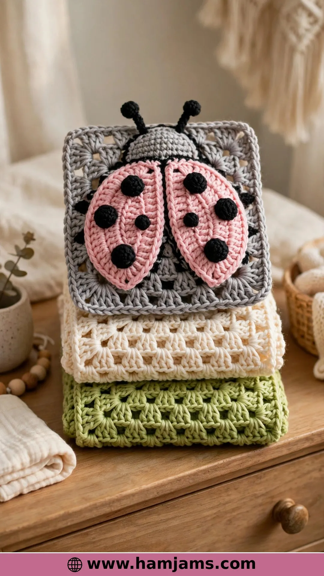 A Pink and Grey Ladybug Granny Square