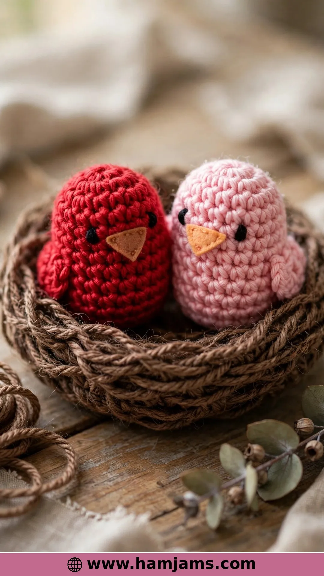Two Birds in a Nest, With Felt Beaks