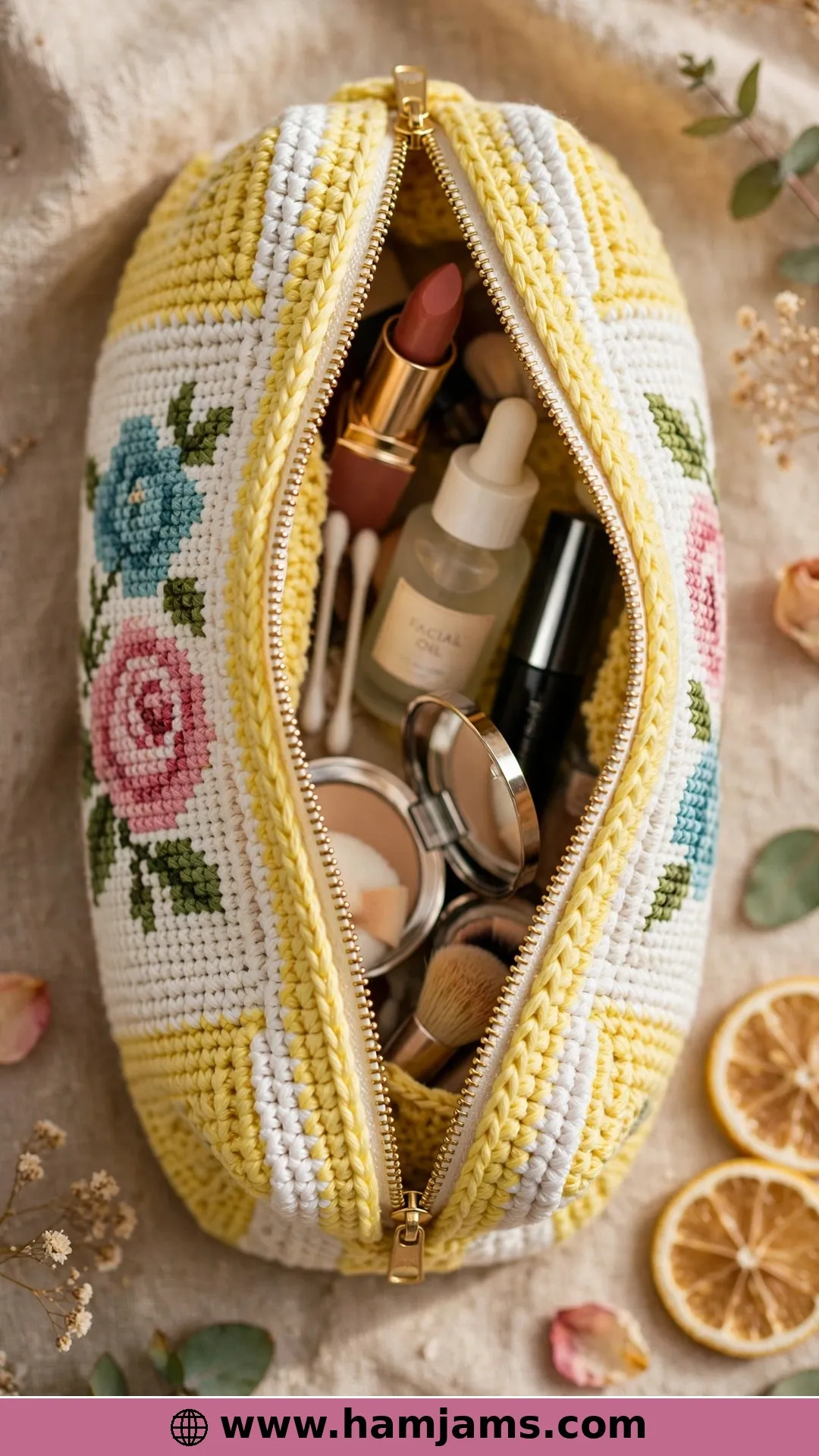 Cross-Stitched Blooms on a Lemon Pouch
