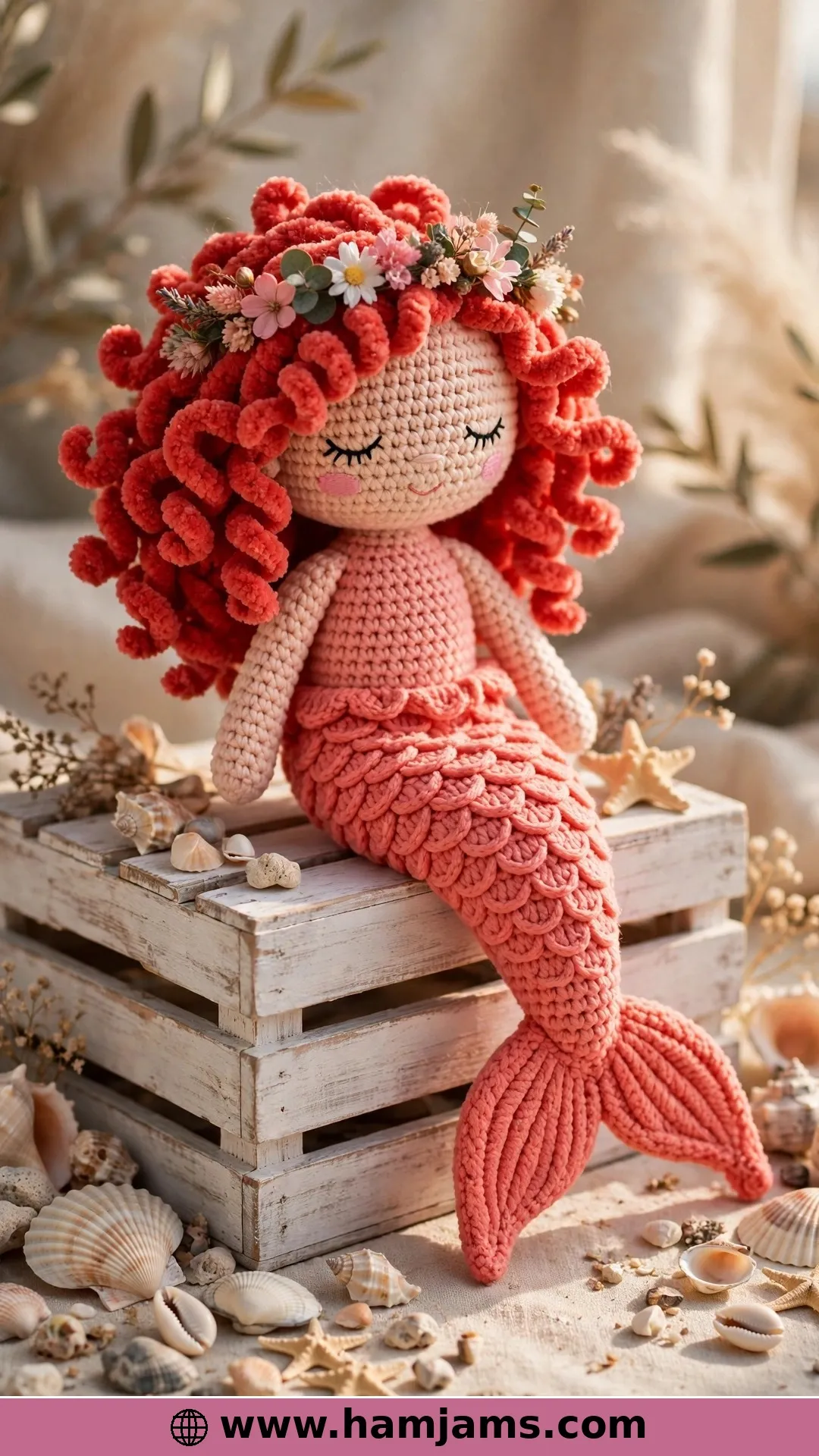 A Velvet-Soft Coral Doll With a Flower Crown