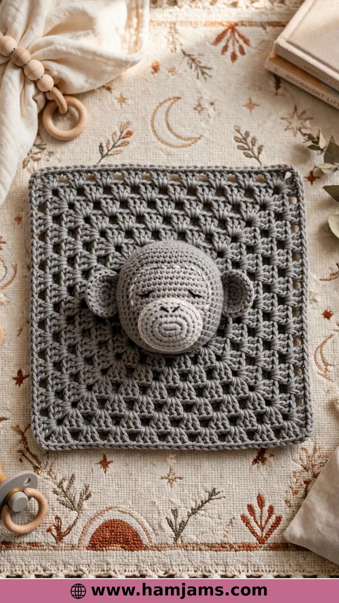 A Granny-Square Monkey Lovey in Soft Grey