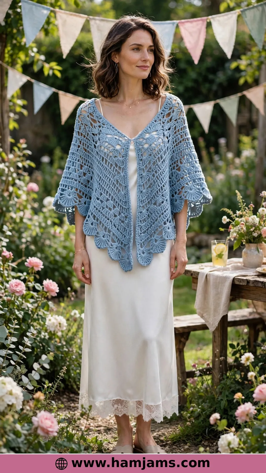 The Vintage Shell-Stitch Poncho in Powder Blue