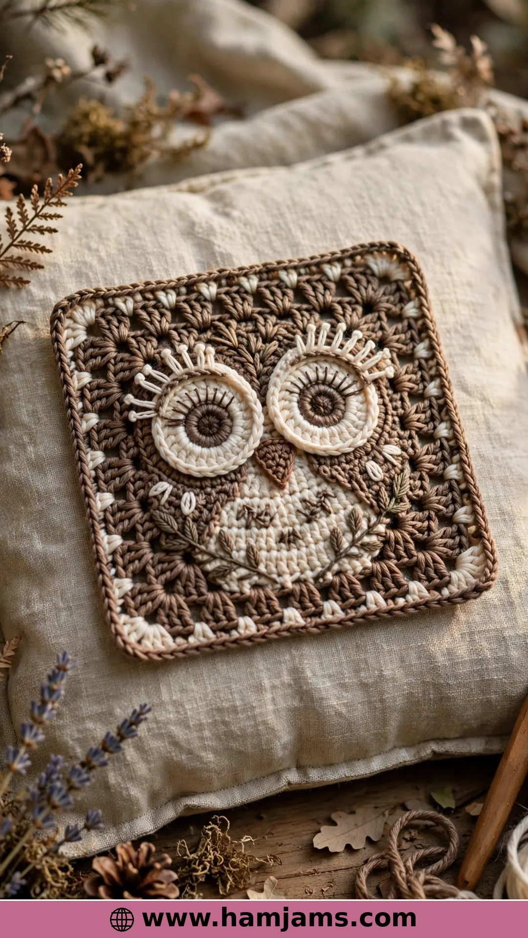 An Owl Granny Square With Picot Lashes