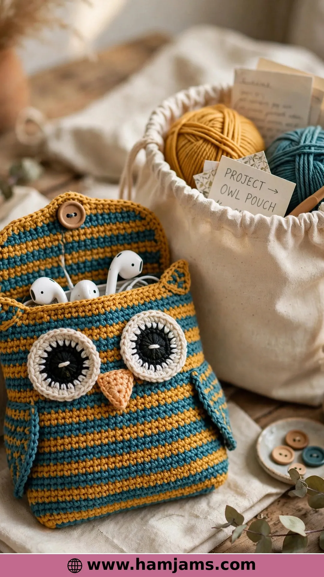 A Striped Owl Pouch With a Button Flap