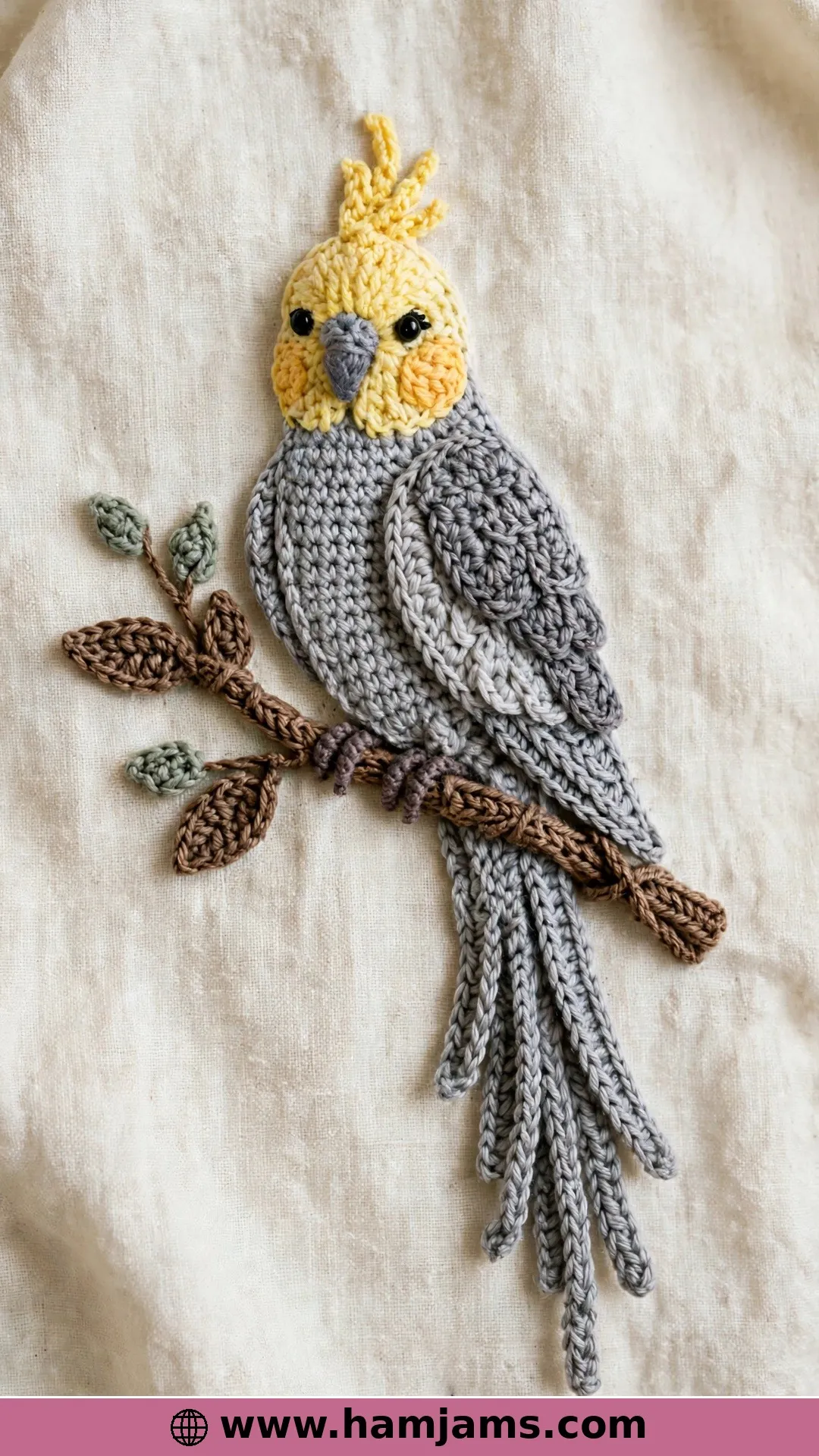 A Detailed Cockatiel Appliqué on a Branch
