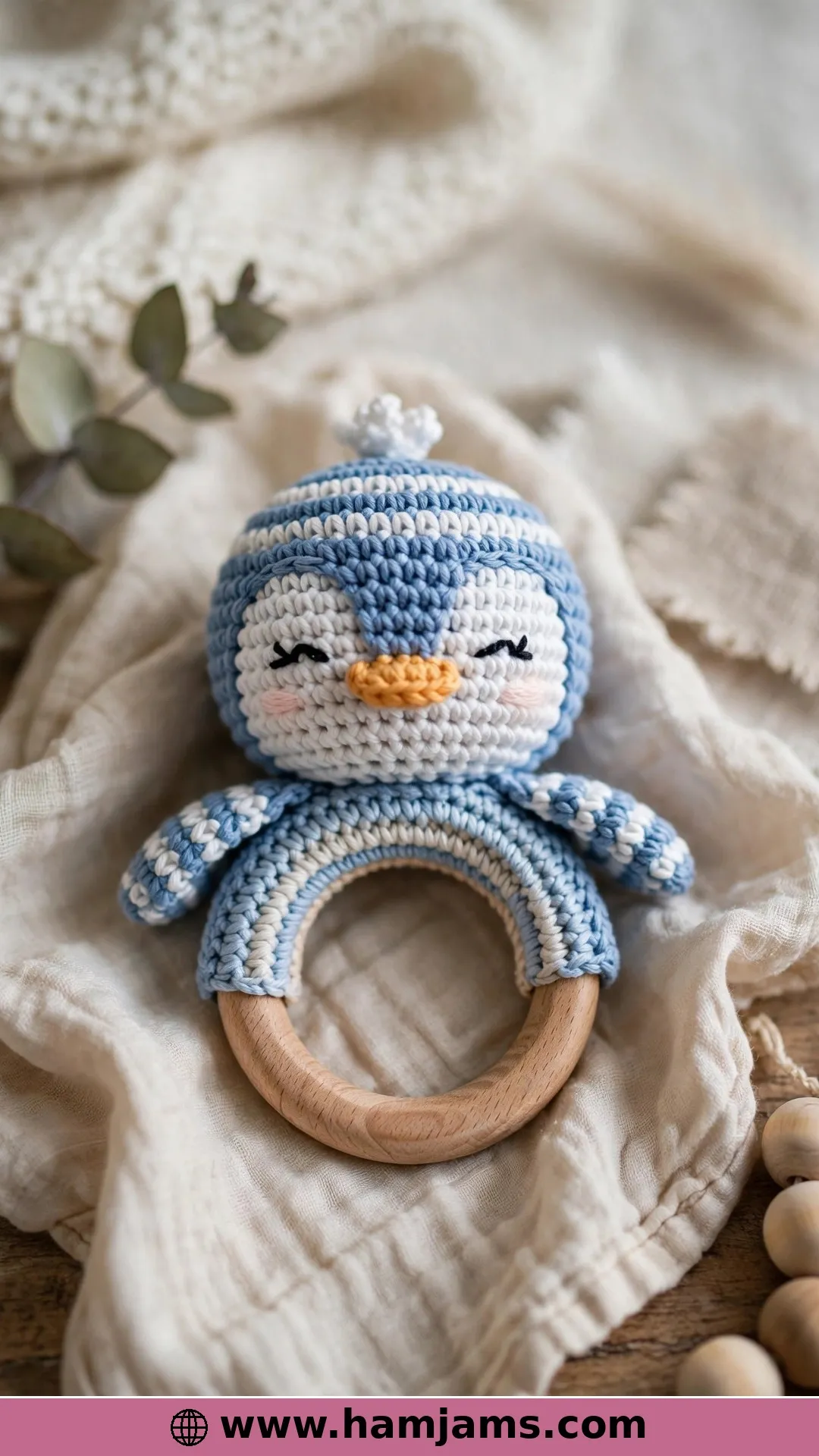 Penguin Baby Rattle on a Wooden Ring