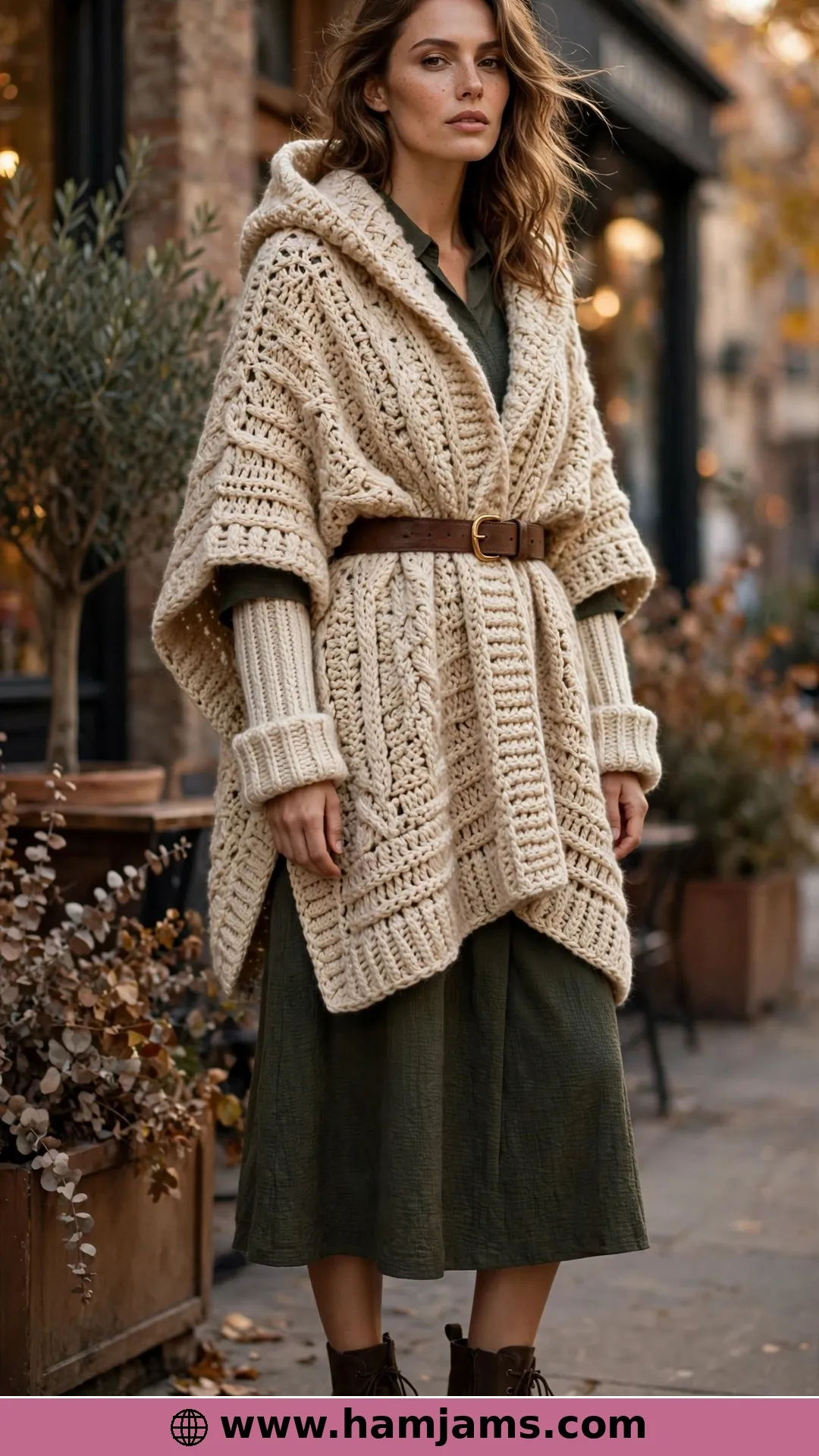 Sleeve Cuffs, a Cowl Hood and a Belt, All in Bulky Yarn