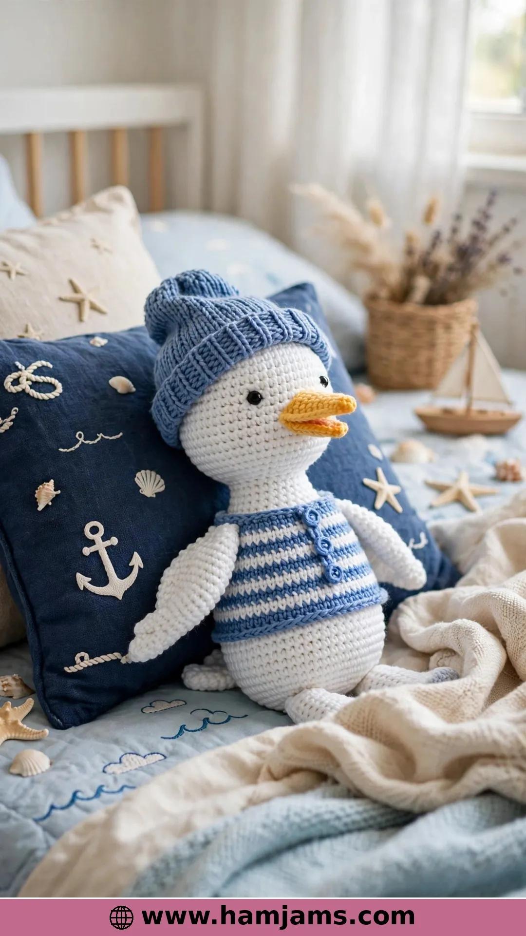 A Seagull in a Blue Hat and Striped Shirt
