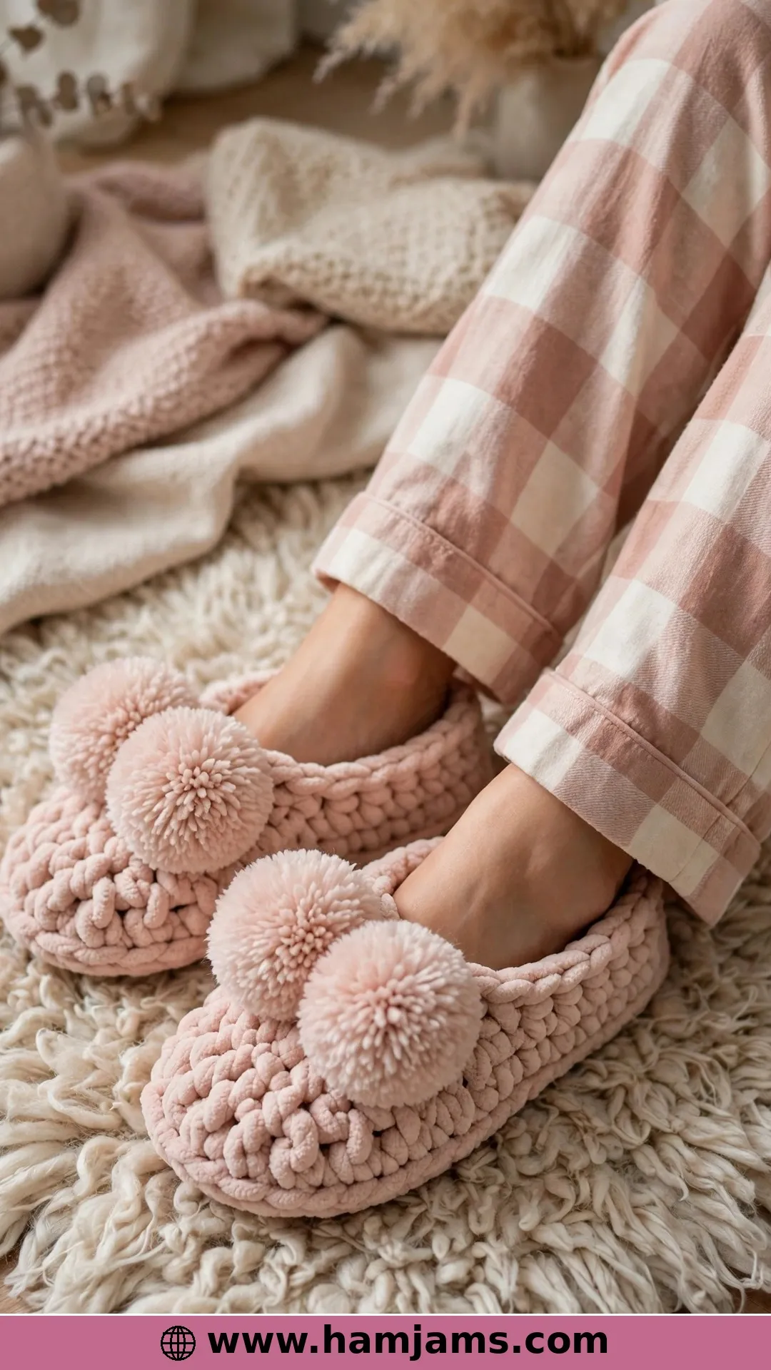 Blanket-Yarn Rectangles With Pom-Poms