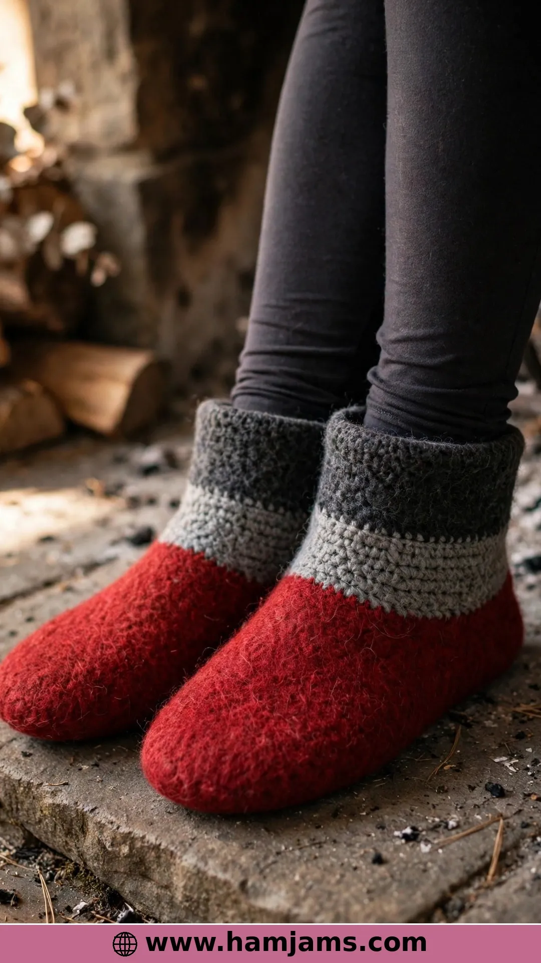 Felted Slippers in Red and Grey