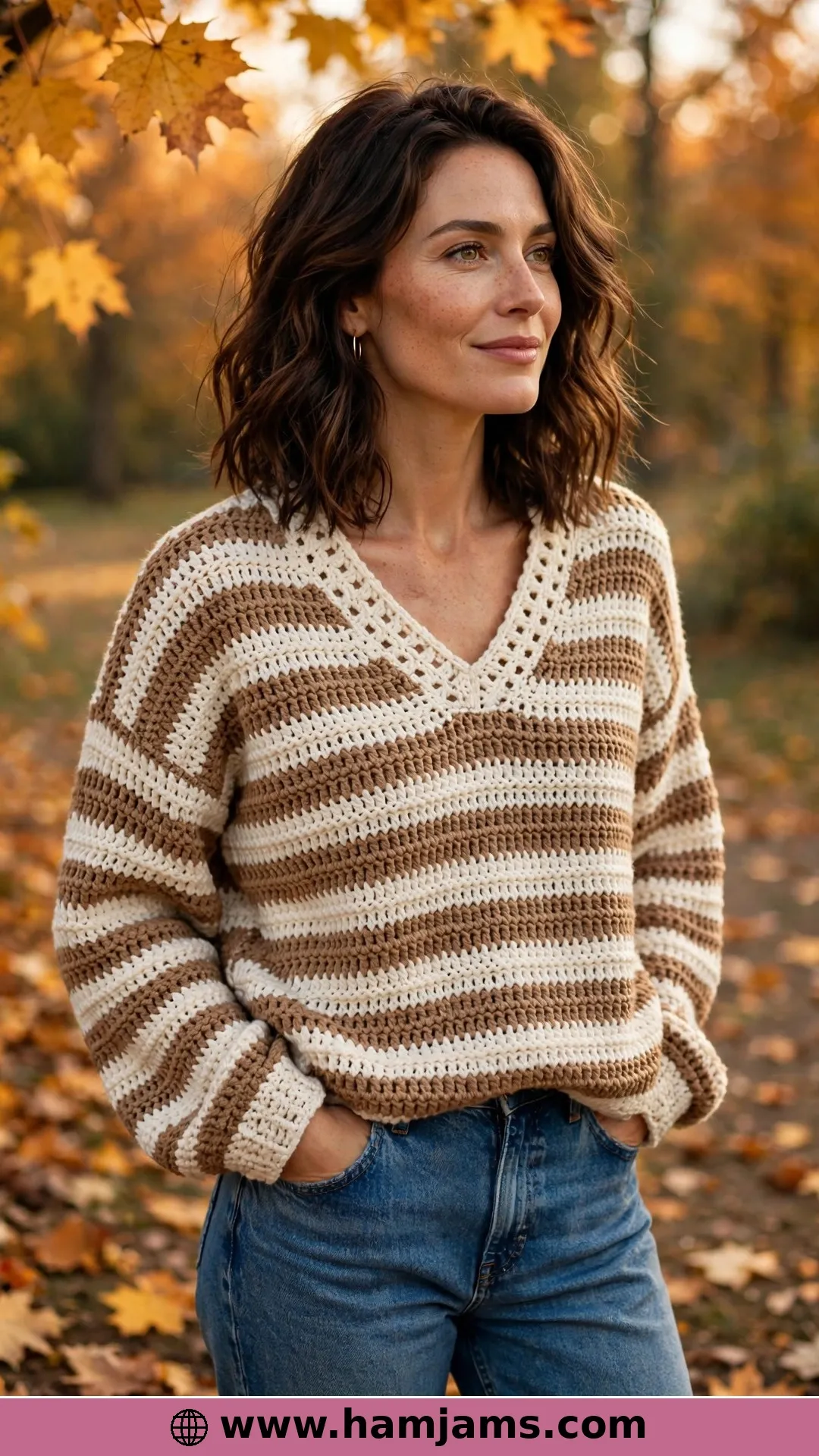 Nutmeg and Ivory Stripes on a V-Neck