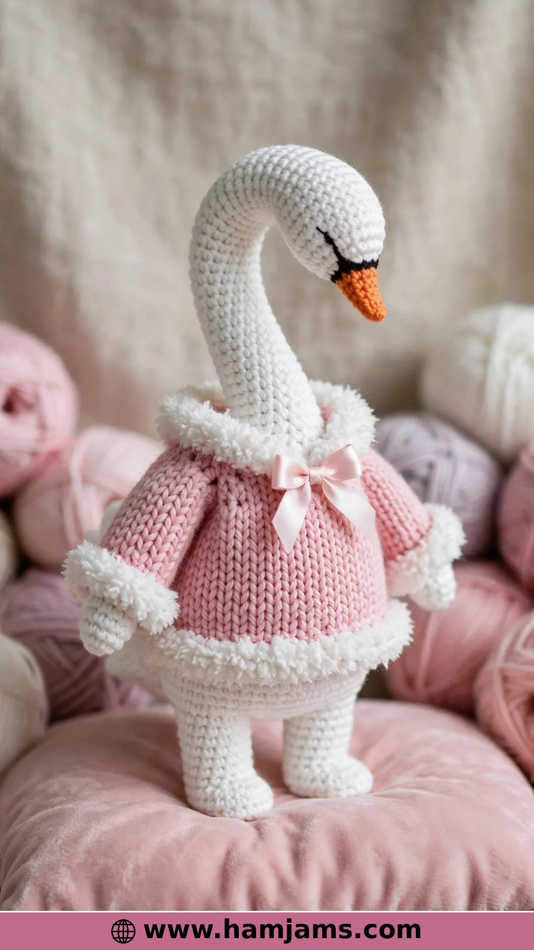 Amigurumi Swan Doll with Fluffy Trim and Pink Sweater