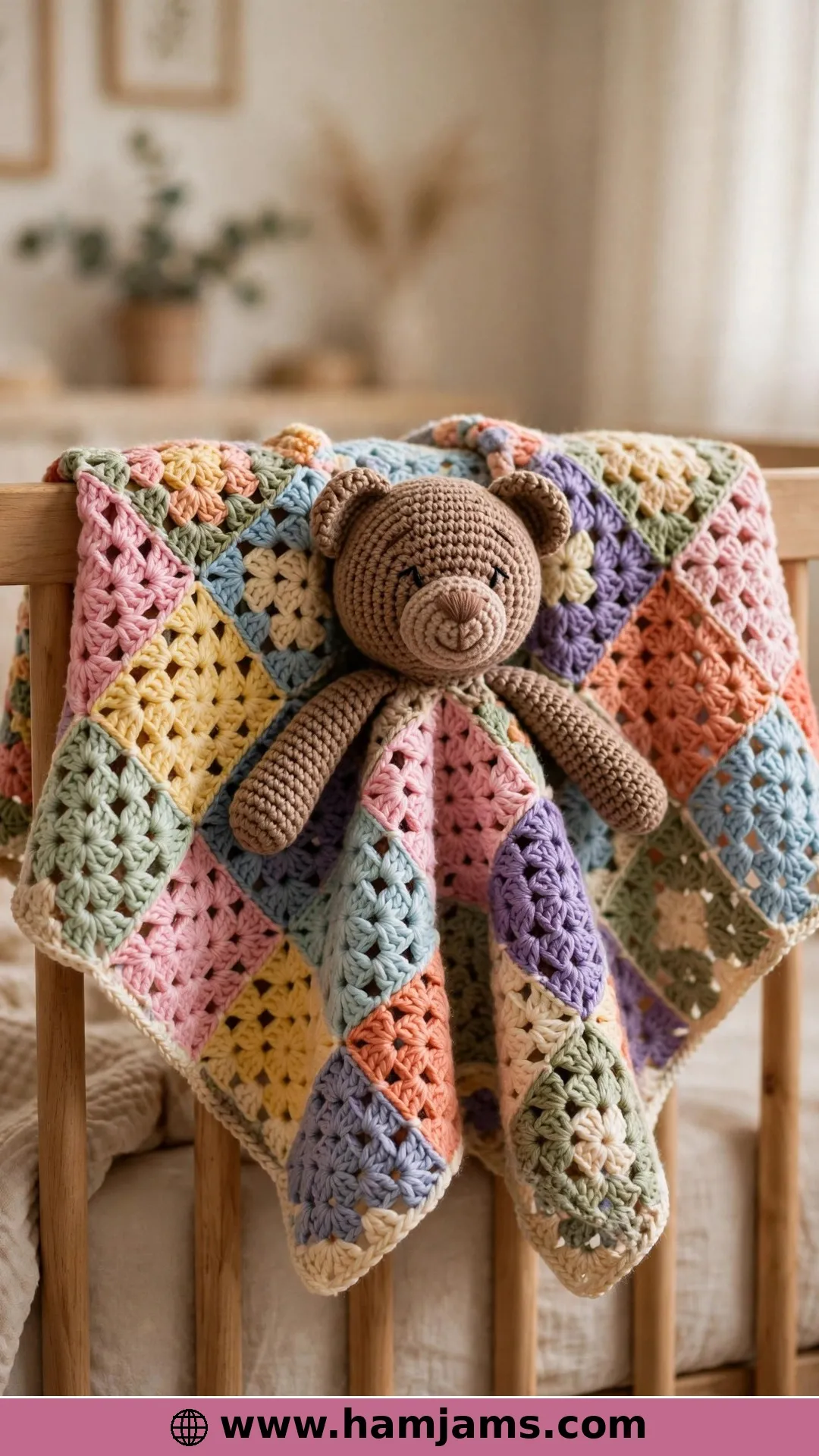 Bjorn: A Teddy Lovey on a Granny Square Blanket