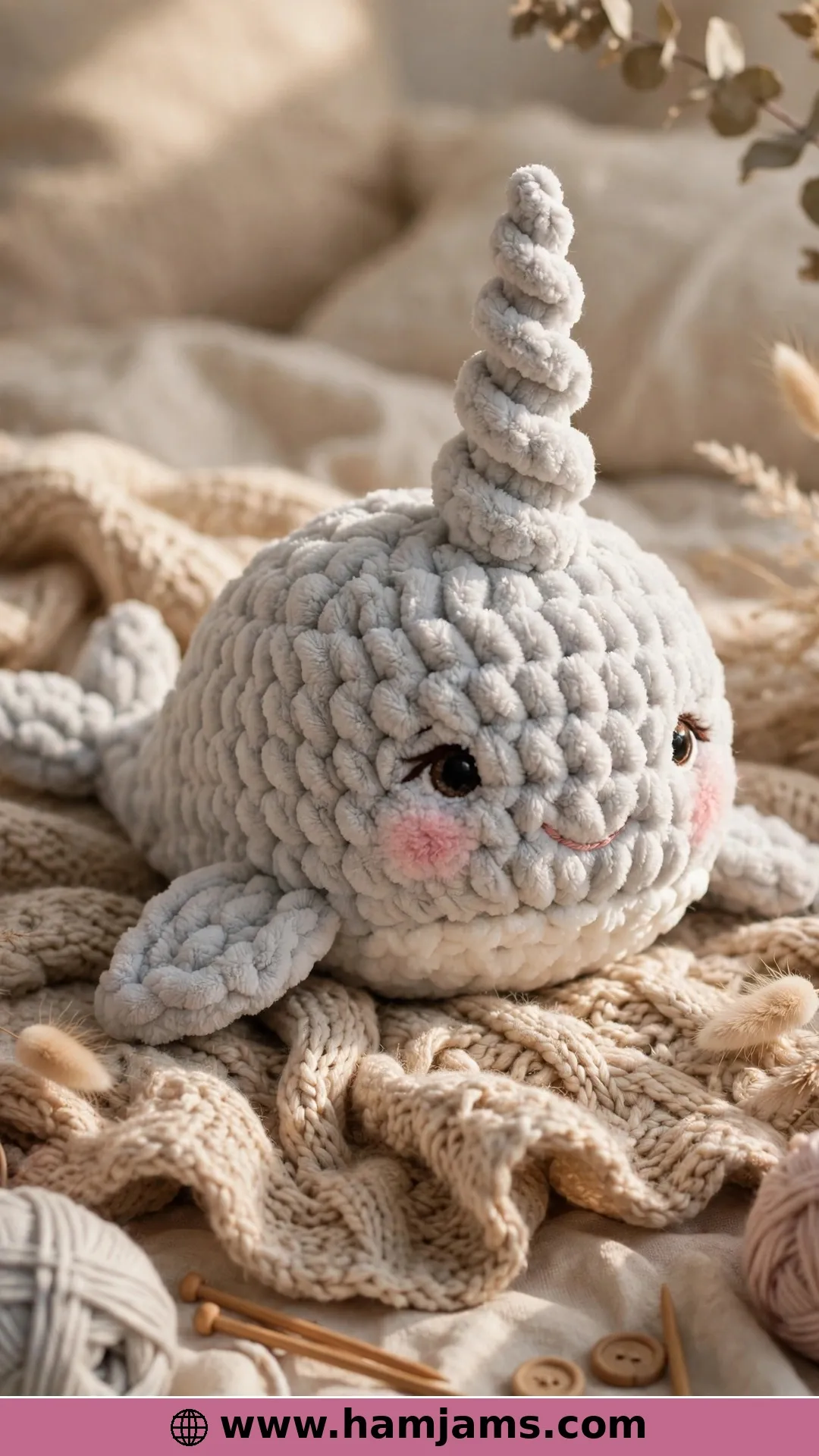 A Fluffy Blanket-Yarn Narwhal with a Swirled Horn