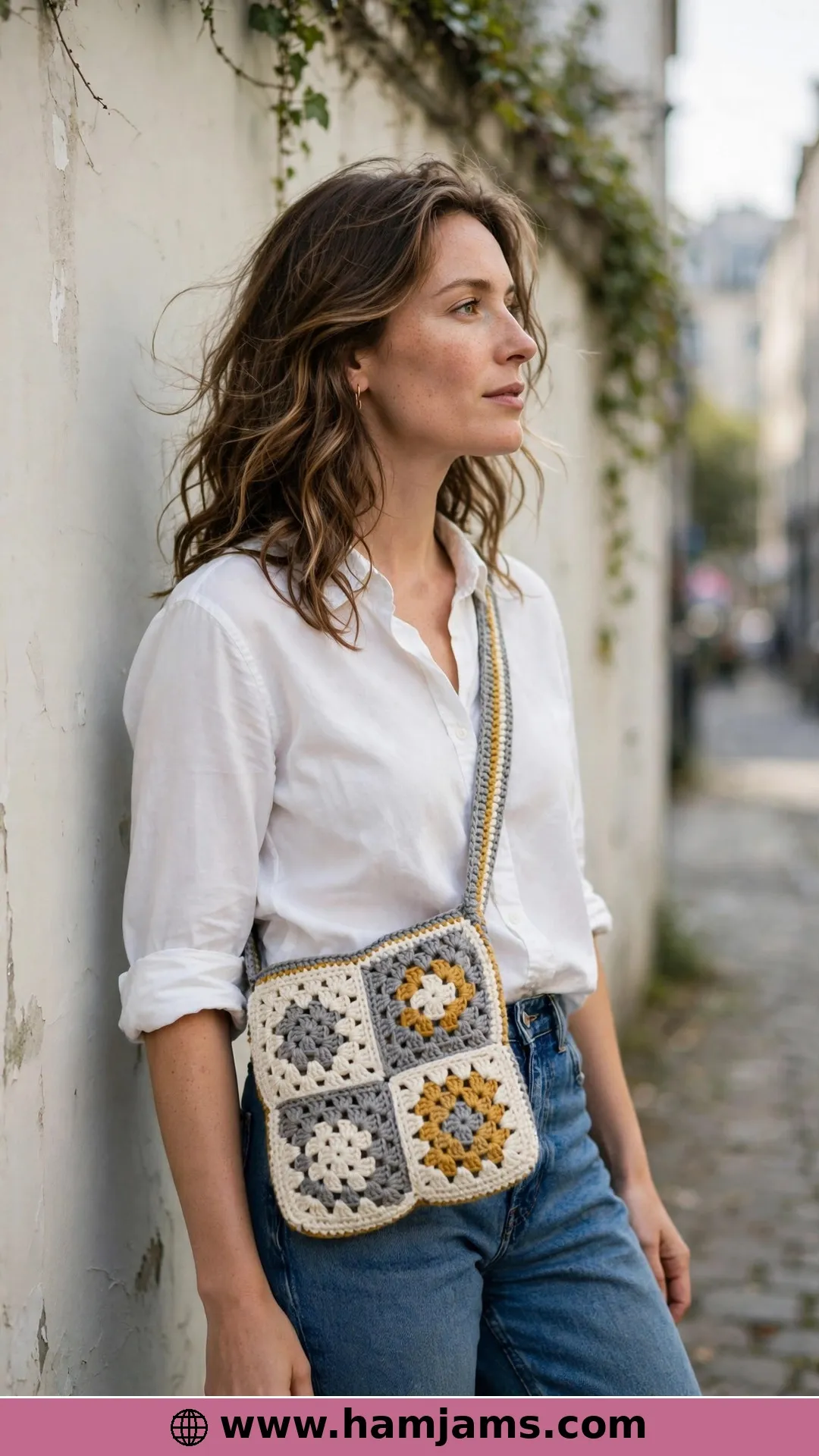 The Granny Square Sling in Cream, Pewter and Gold